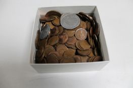 A box of pre decimal British copper coins and foreign coins