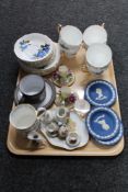 A tray of six Royal Imperial china trios, Wedgwood dishes, china dolls tea service,