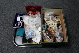 A tray of trinket boxes, contemporary pocket watches, wristwatches, costume jewellery,