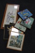 A contemporary framed mirror together with nine assorted pictures, portraits,