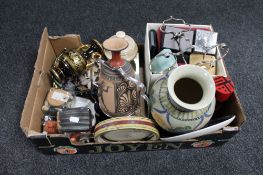 A box of empty jewellery and ring boxes, stoneware pots, shells,