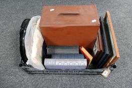 A crate containing case of LP's, framed pictures,
