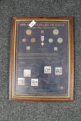 A coin and stamp montage - 60th Anniversary of D-Day 6th June 1944-6th June 2004, framed.