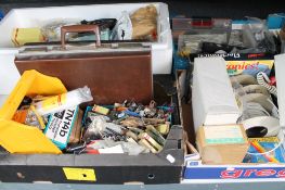 Four boxes of radio parts, soldering irons, spools of cable,