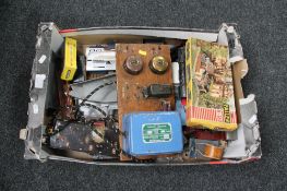 A box of rolling stock, Meccano transformer,