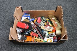A box of 20th century play worn die cast vehicles including Corgi Beatles Yellow Submarine,