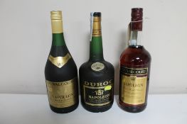 Two bottles of De Valcourt Napoleon French Brandy (1l and 100cl) together with a bottle of Duroc