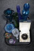 A tray of assorted glass ware, boxed Caithness Alien paperweight, limited edition 709/2000,