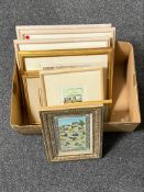 A box of assorted framed pictures and prints,