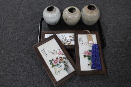 A tray of three framed hand painted Chinese porcelain panels, carved piece of lapis lazuli,
