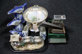 A tray of Noritake china comport on stand, three graduated blue and white jugs,