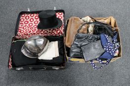 A box and case containing theatre costumes, lady's leather bags, top hat,