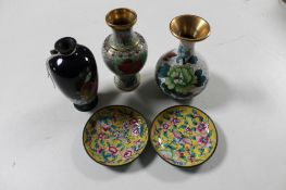 Three cloisonne vases together with two cloisonne shallow dishes