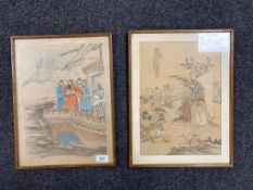 A pair of 19th century Chinese watercolours on silk depicting figures on a ship and a village scene,