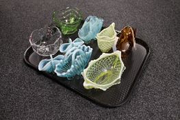 A tray of nine pieces of glass ware, basket and jug,