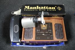A box of Manhattan digital satellite receiver, pair of PC speakers, Retro style music centre,