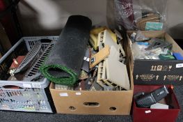 Three boxes of model railway accessories, paints,