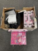 A box of beauty vanity cases, Nintendo Wii, HP mini tower,