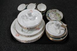 A tray of six Elizabethan Lucerne china trios, pair of Highland china candlesticks with snuffers,