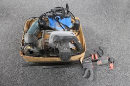 A box of power tools, Black and Decker jig saw, circular saw, Router,