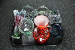 A tray of coloured glass, glass baskets,