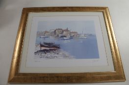 A signed colour print, continental landscape,