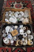 Two boxes of china and ornaments, decorative figures, chintz biscuit barrel,