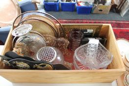 A wooden box containing Pendelfin figure, crystal, glass,