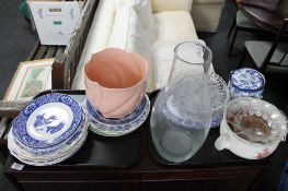Two trays of blue and white china, biscuit jar,
