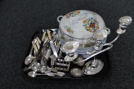 A tray of Tunstall tureen cover and plates, silver plated items,
