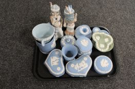 A tray of Wedgwood blue and white jasper ware trinket pots,