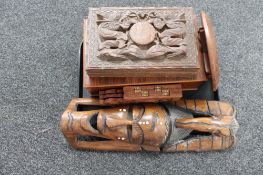 A tray of carved wooden box, African mask, small folding table,