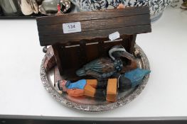 A silver plated tray, carved wooden pipe rack,