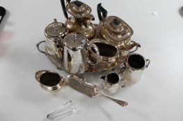 A tray of silver plated tea service and other plated items