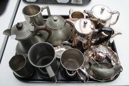 A tray of silver plated and pewter wares