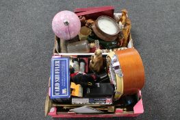 A box of miniature jukebox radio, brass fire companion set, globe,
