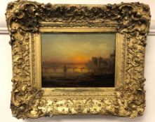 19th century school : Figures on a bridge at sunset, indistinctly signed verso, oil on board,