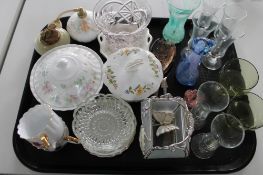 A tray of decorative glass figures, Aynsley lidded pot,