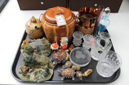 A tray of assorted glass ware, Wade whimsies, wooden barrel, copper lustre jug,