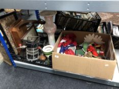 Two boxes of vintage halogen lamps, ice skates, box of children's toys,