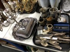 A tray of pewter tankards, silver plated entree dish and cover, candelabrum, loose cutlery,
