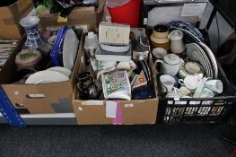 Three boxes of twentieth century pottery and porcelain, teapots, Oriental blue and white vase,