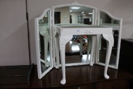 A white painted dressing table stool and triple mirror