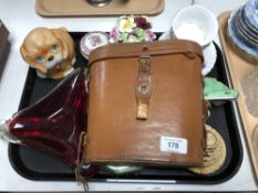 A tray of leather cased Silraft 7 x 50 binoculars, enamelled dressing table set, tea china,