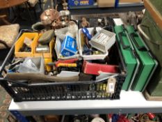 A crate of hand tools and hardware