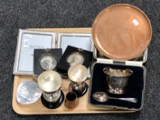 A tray of silver plated photo frame, miniature copper jug, copper tray etc,