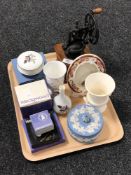 A tray of Wedgwood blue and white Jasperware lidded dish, Masons Mandalay red photograph frame,