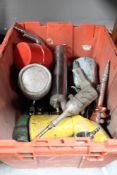 A box of various commercial spray tools