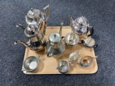 A tray of silver plate and pewter tea wares