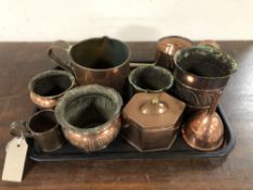 A tray of copper ware - planters, hunting horn, lidded caddy,
